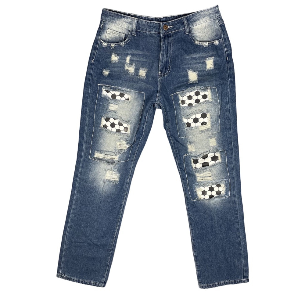 Wear Jeans Women’s L Distressed Honeycomb Patchwork Grunge Soccer Denim Jeans